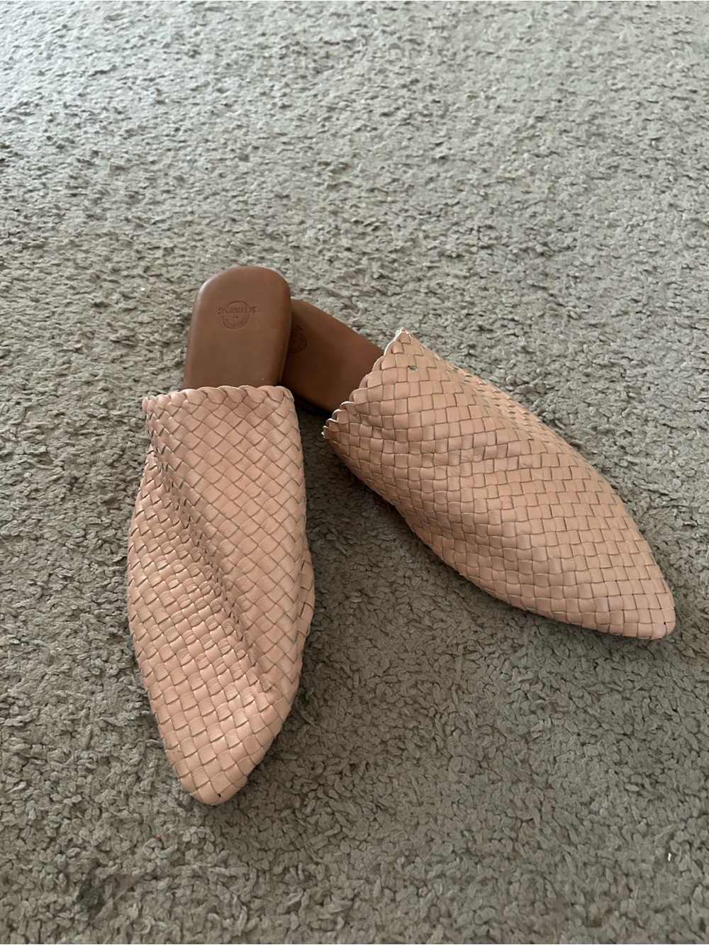 Woven Pointed Toe Slip-On Mules in Blush